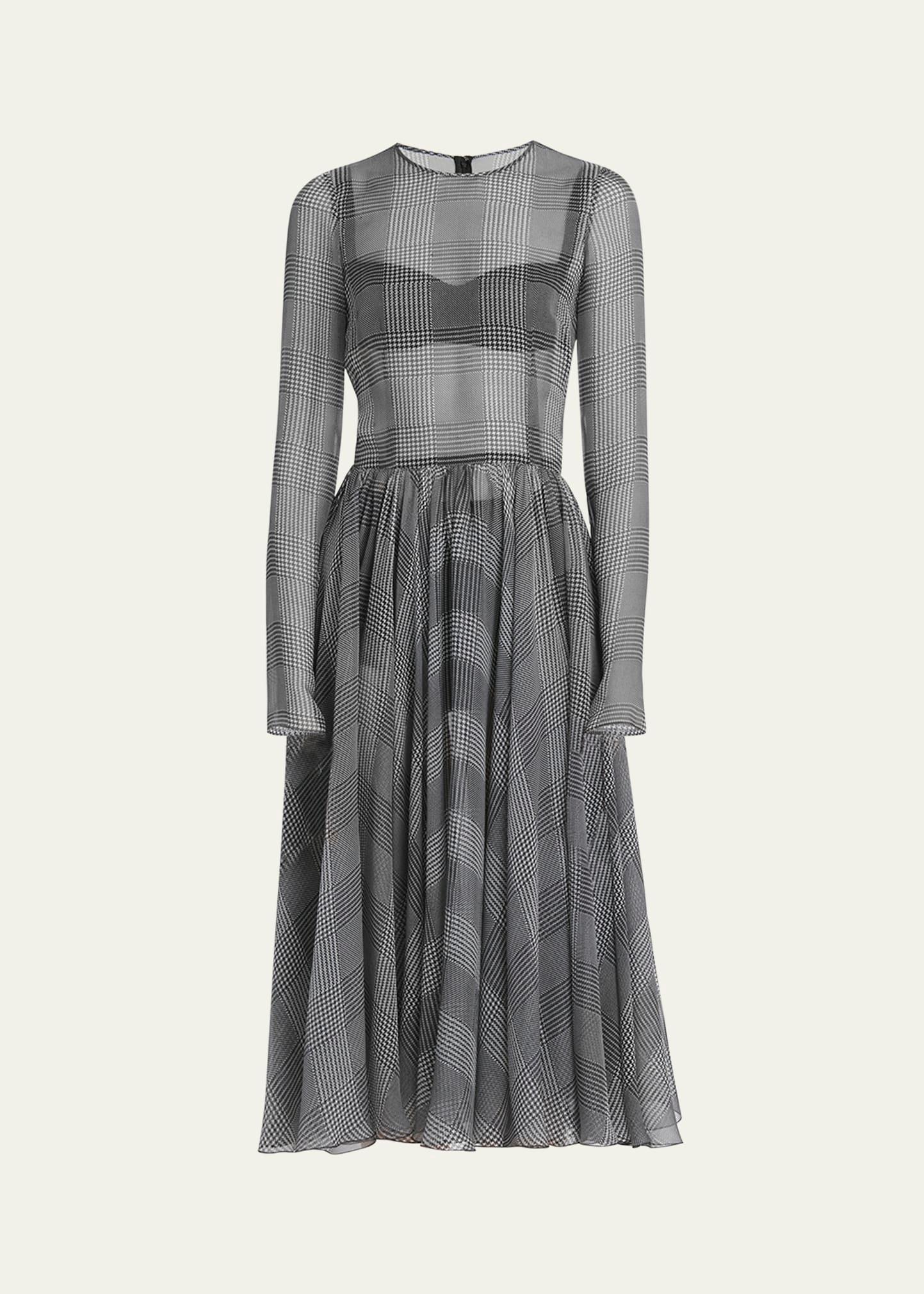 prince of wales printed silk chiffon midi dress