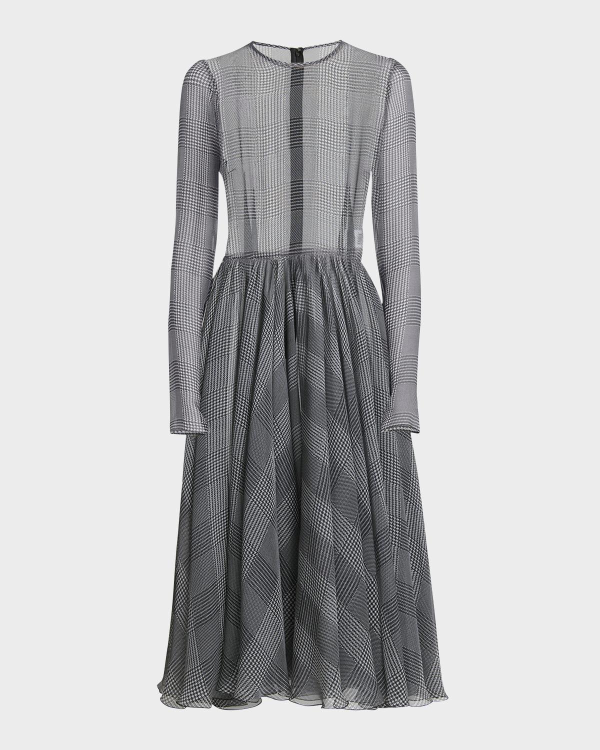 prince of wales printed silk chiffon midi dress