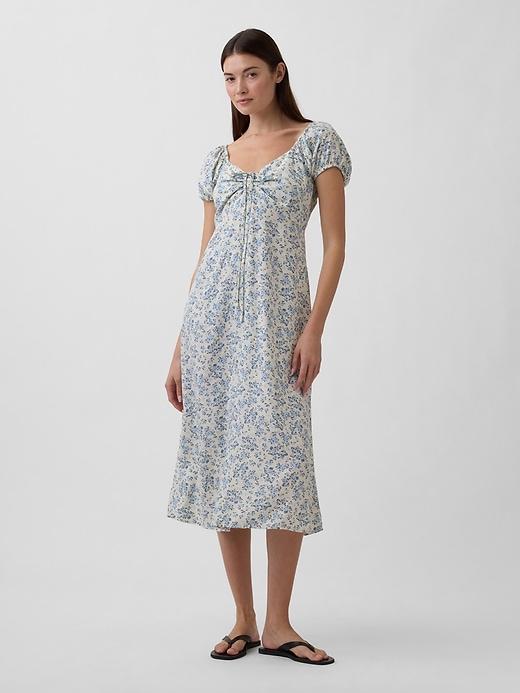 print puff sleeve midi dress