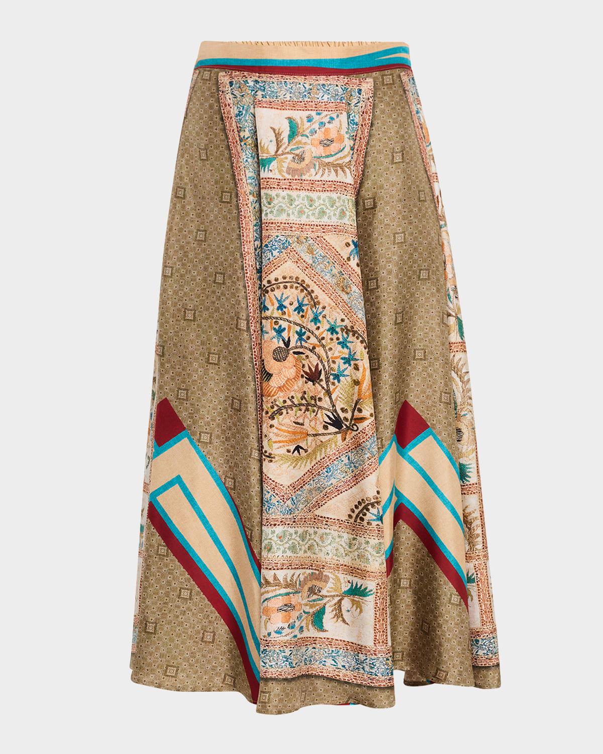 printed a-line silk midi skirt