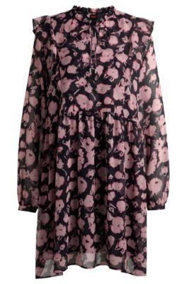 printed dress with ruffle trims and button cuffs- patterned women's day dresses