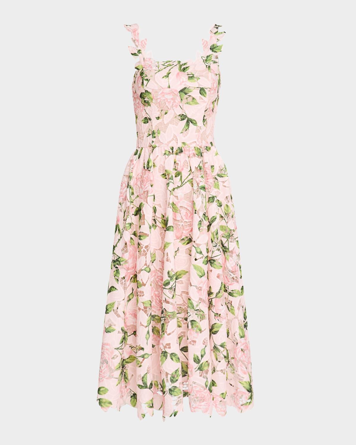 printed garden rose guipure sleeveless midi dress