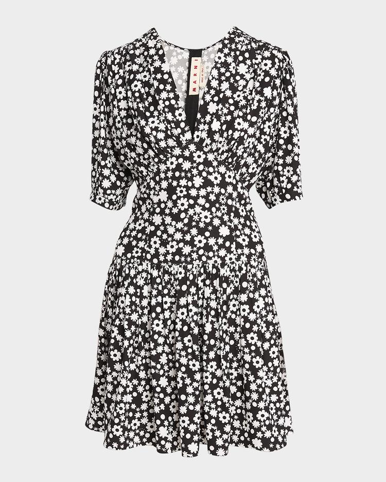 printed gathered mini dress