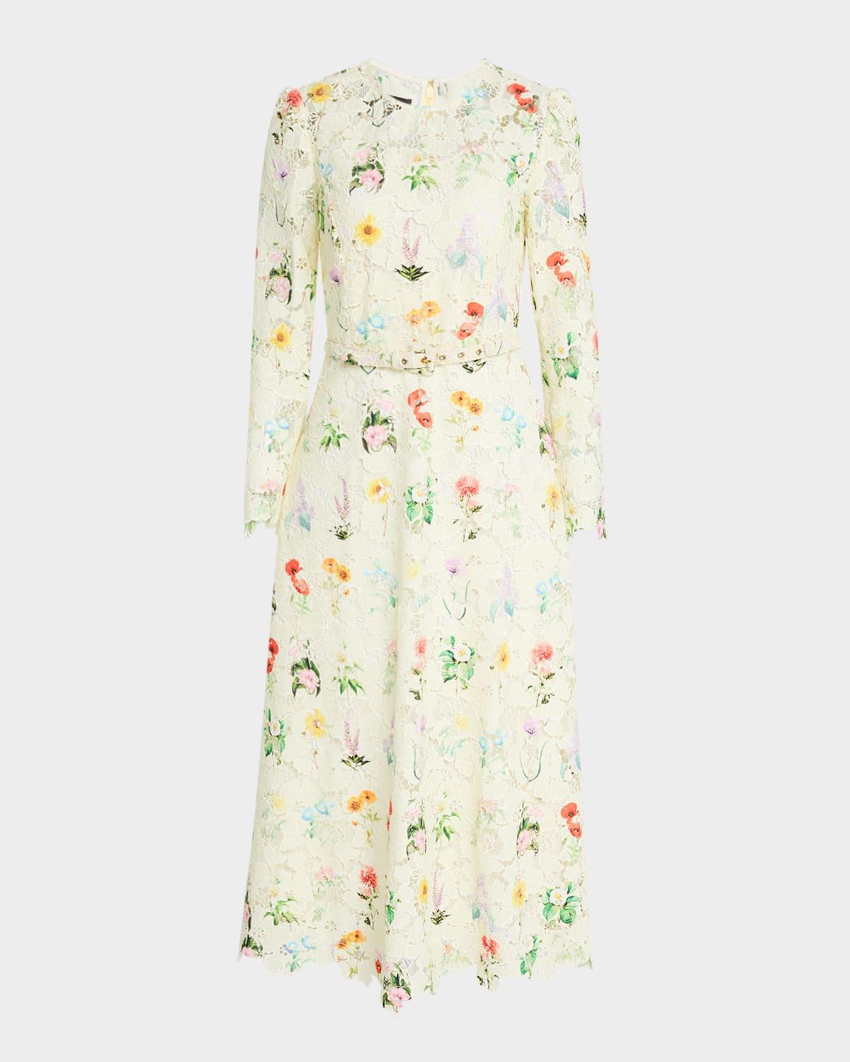 printed lace long-sleeve belted midi dress