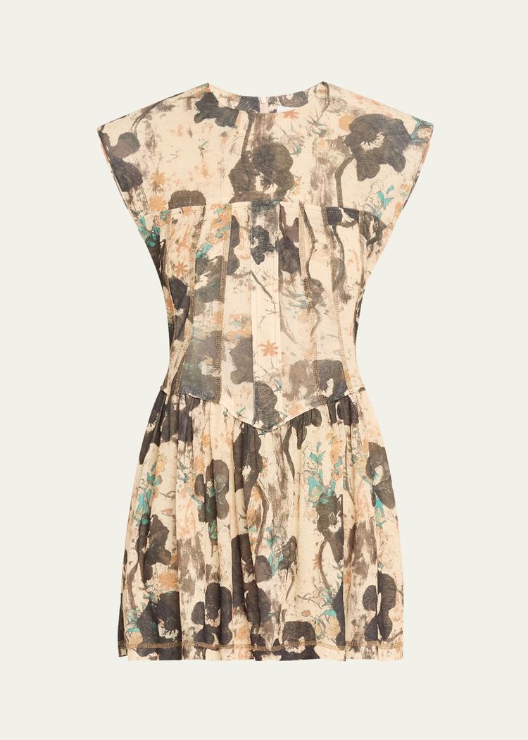 Ganni Printed Mesh Corset Mini Dress - Contemporary floral print on mesh fabric with structured bodice