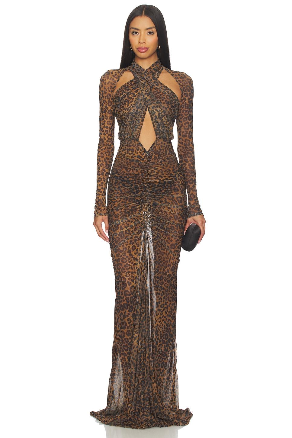 printed mesh halter ruched gown