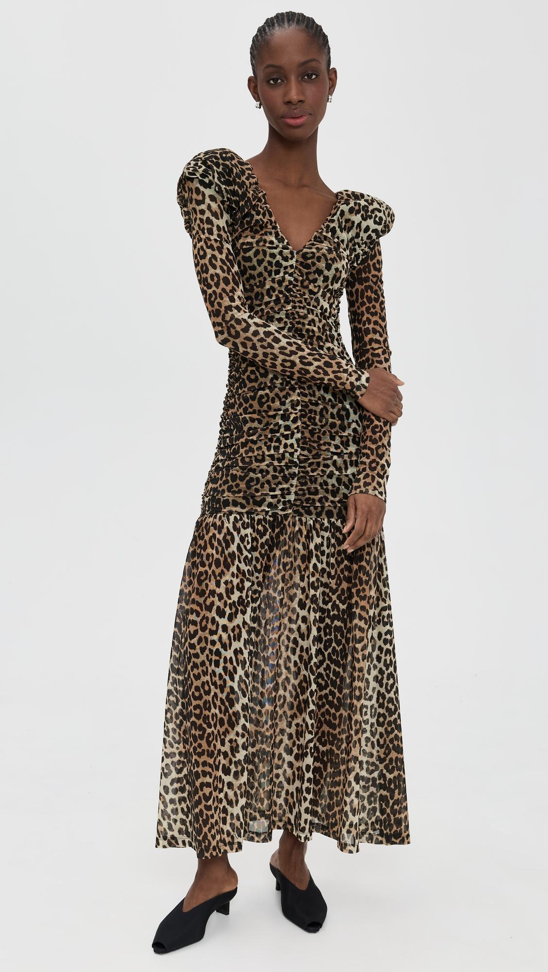 printed mesh long ruched dress