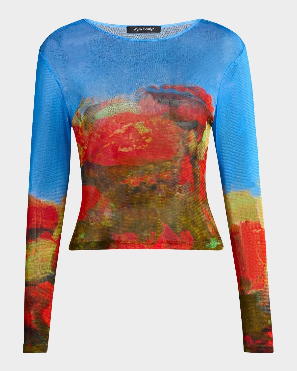 printed mesh long-sleeve top