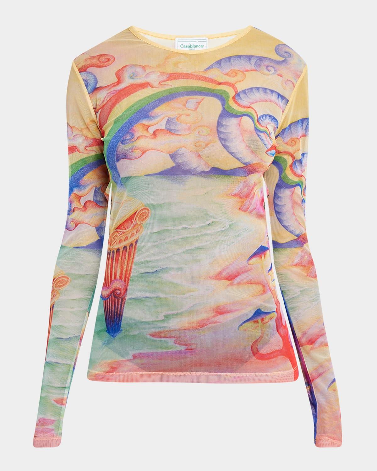 printed mesh long-sleeve top