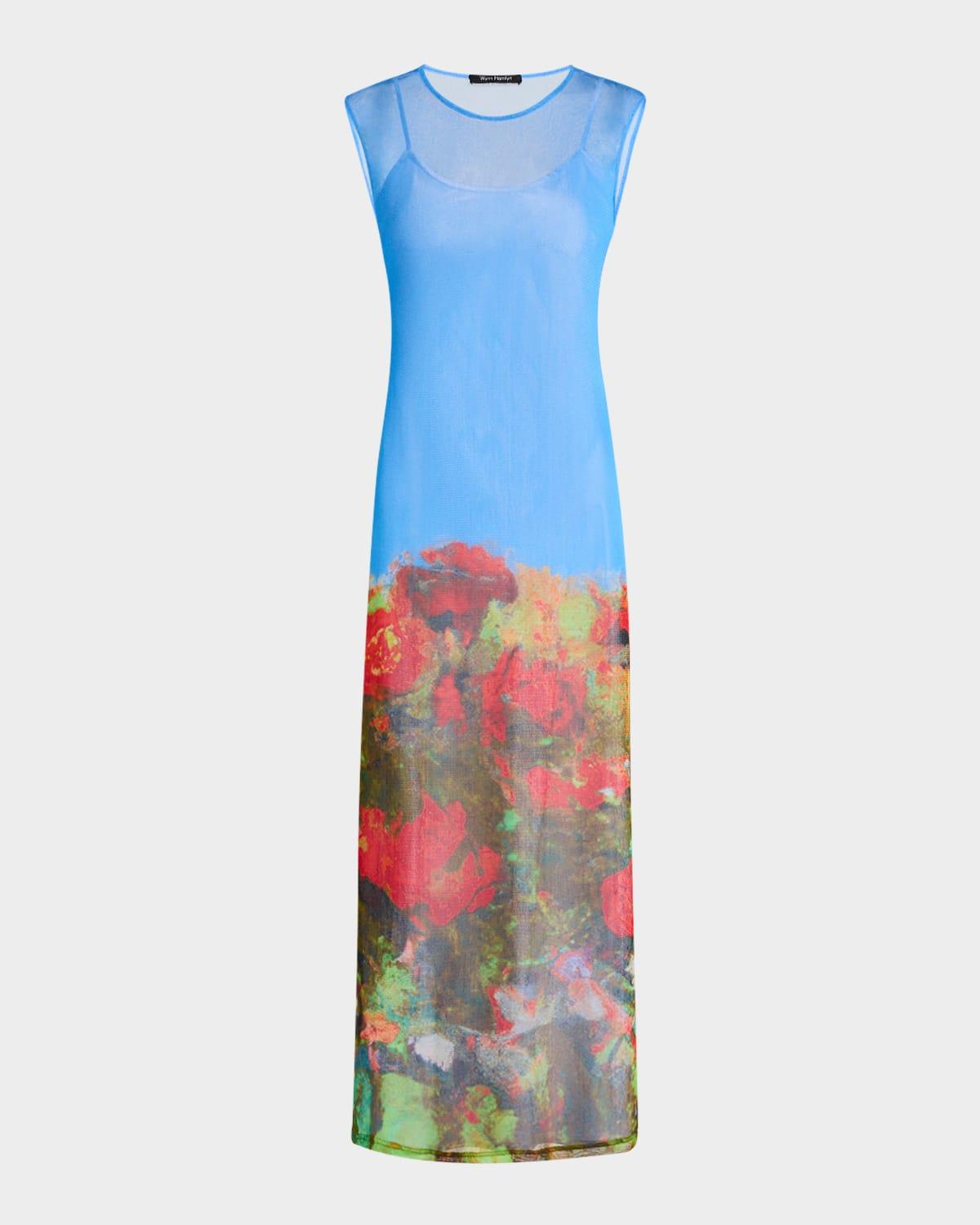 printed mesh maxi dress