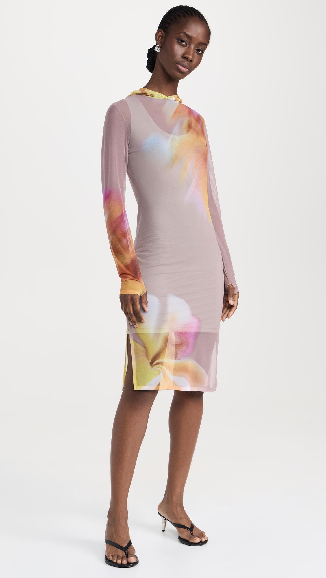 printed mesh midi dress with hood