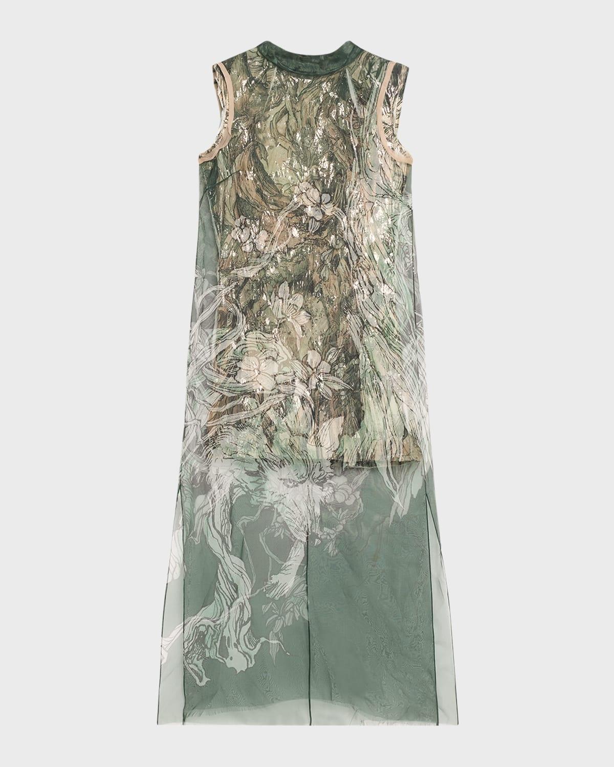 printed organza sleeveless midi dress with crinkle foil lining