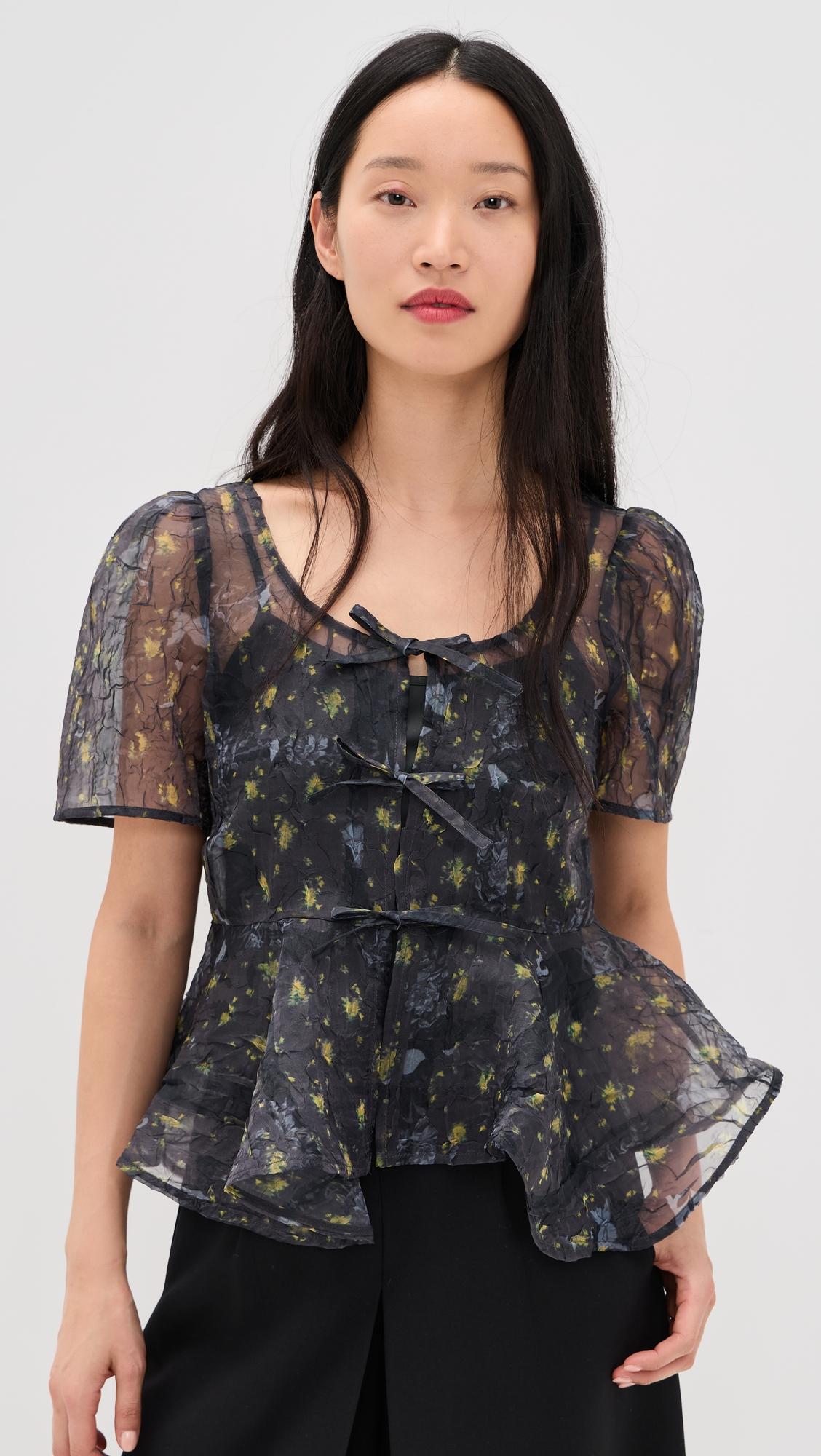 printed shibori organza sun cut peplum blouse