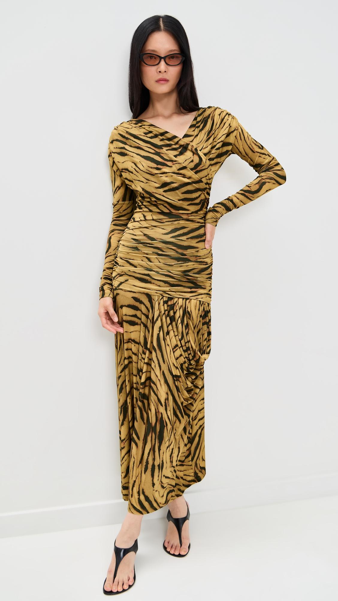 printed shiny jersey ruched long dress