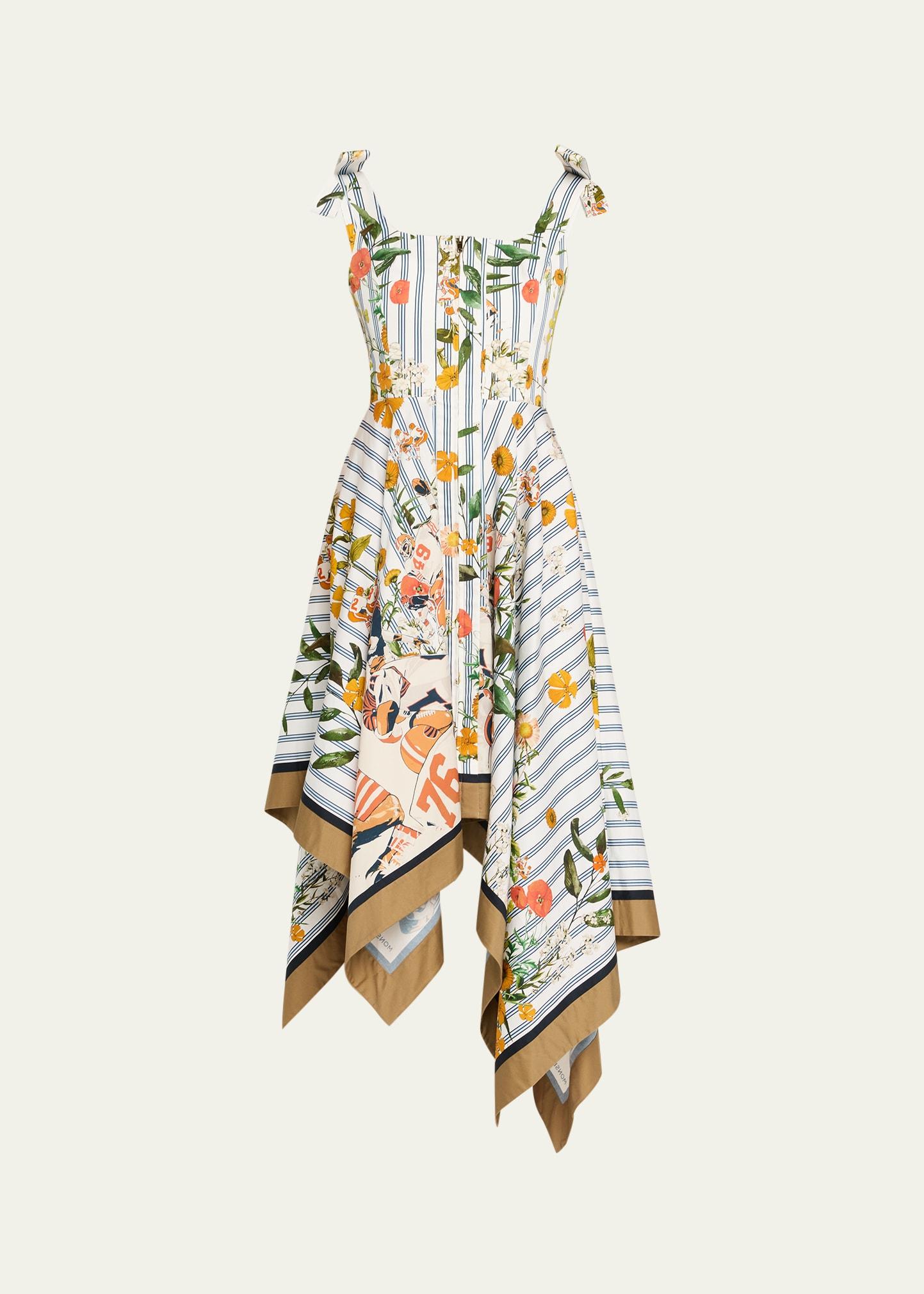 printed shoulder-tie handkerchief midi dress