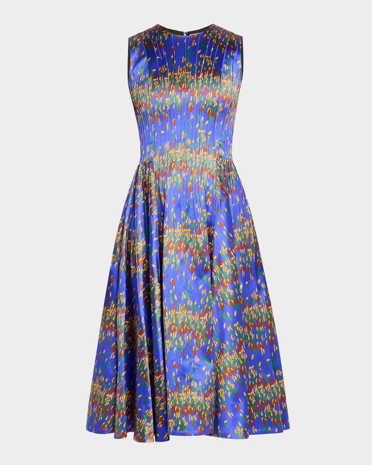 printed silk pintuck midi dress