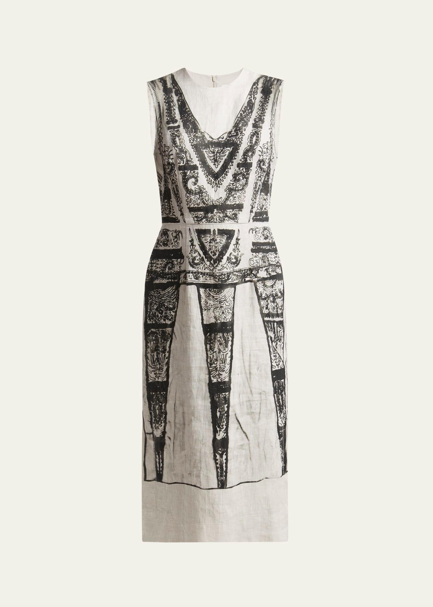 printed sleeveless midi pencil linen dress