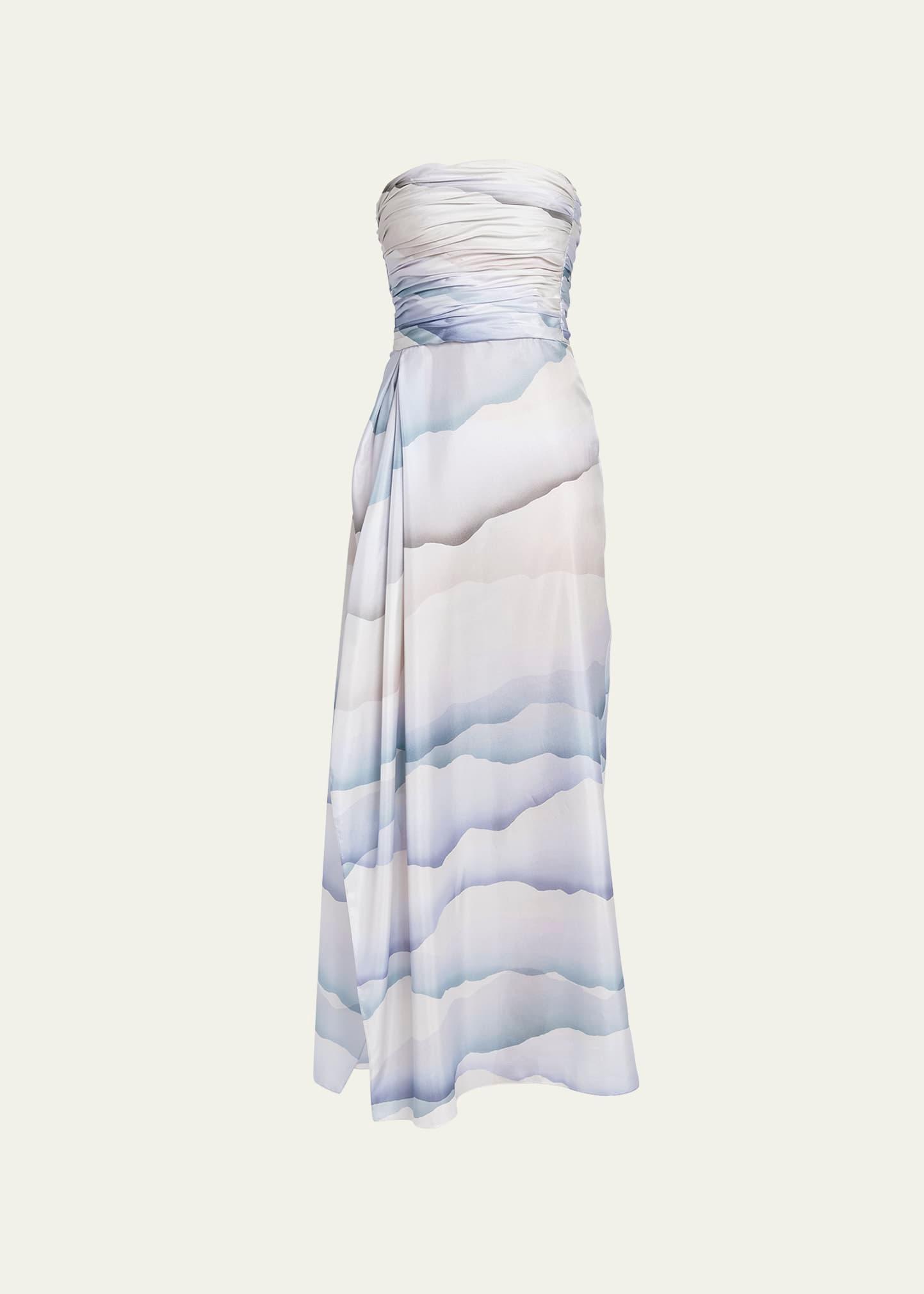printed strapless ruched silk dress
