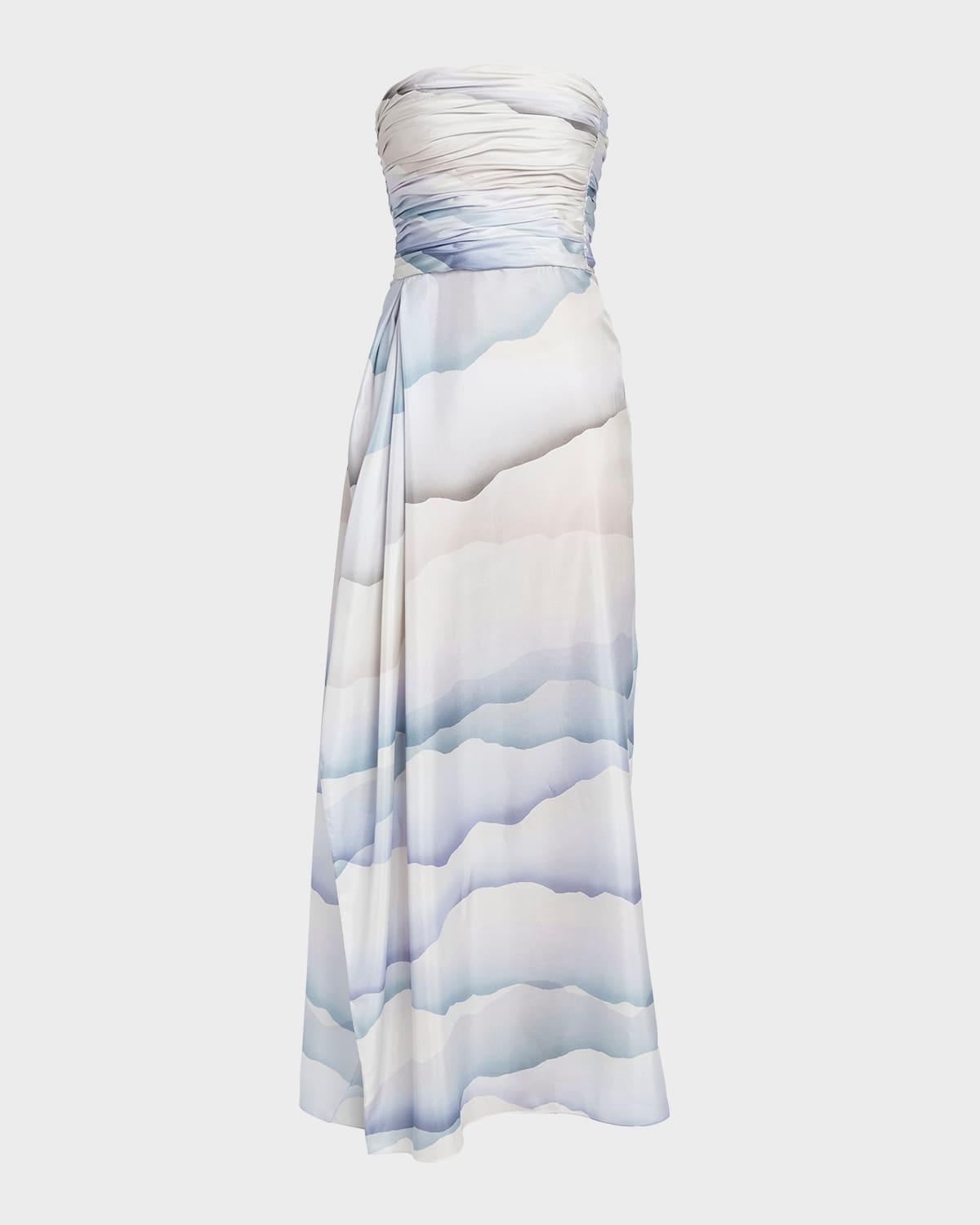 printed strapless ruched silk dress