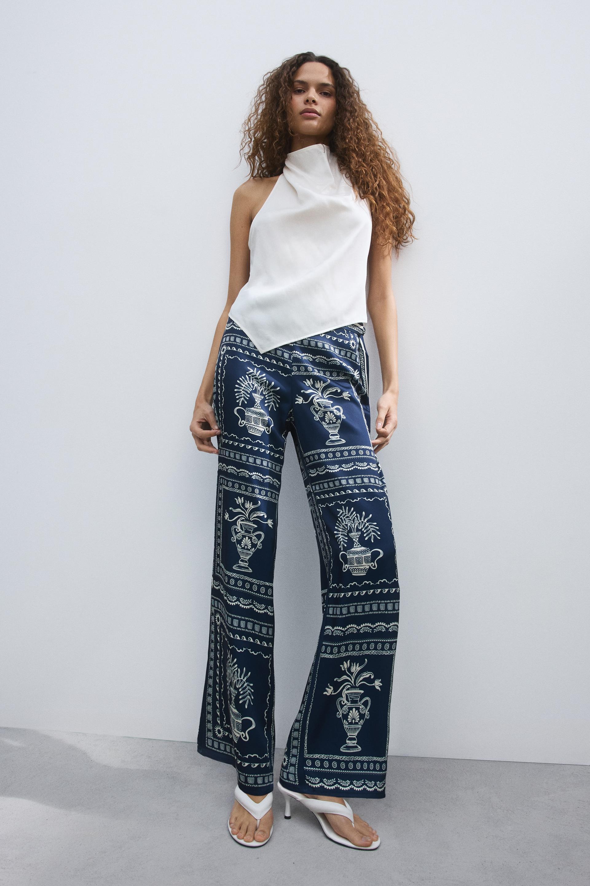 printed tie-detail pants