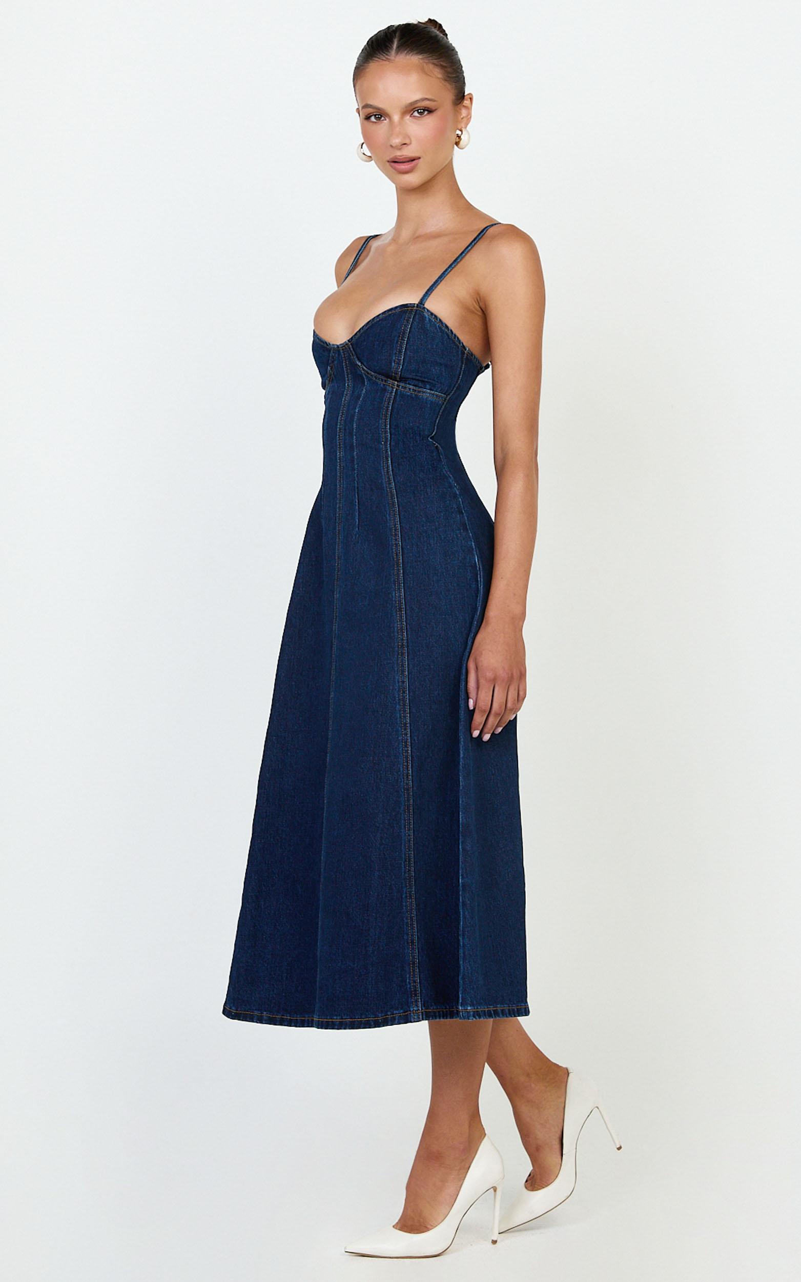 prisha midi dress - recycled denim fit and flare dress in indigo wash