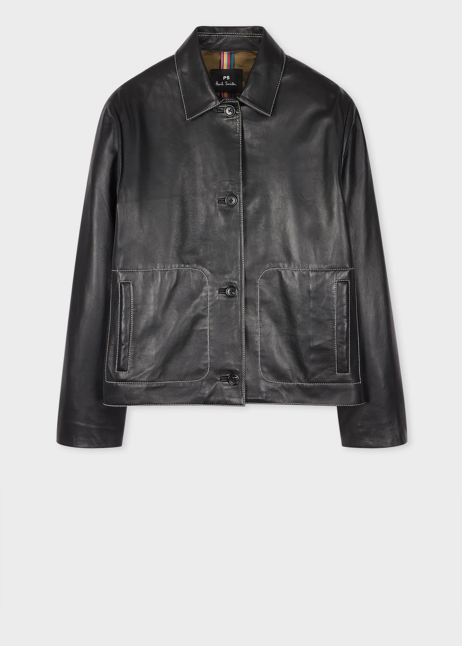 ps paul smith women's black leather contrast stitch jacket