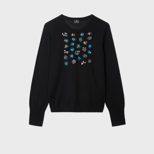 ps paul smith women's black merino wool sweater with floral embroidery