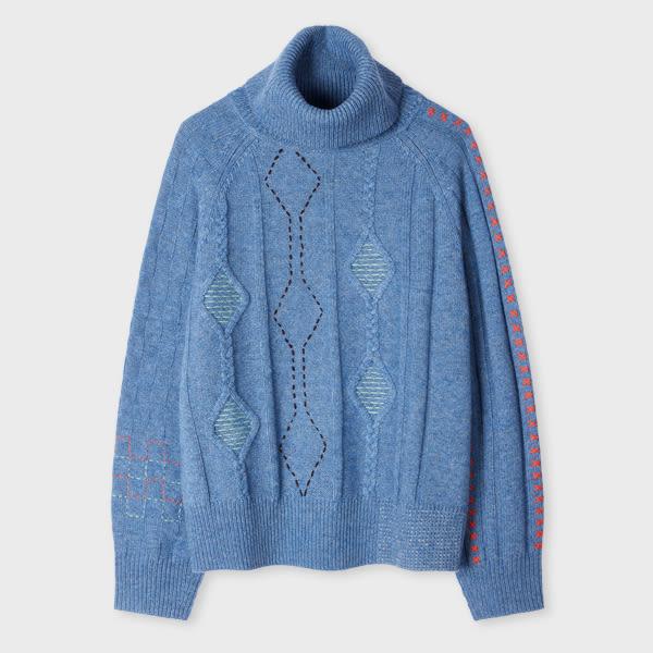 ps paul smith women's blue cable knit patchwork roll neck sweater
