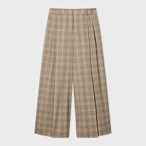 ps paul smith women's cream and blue check wide-leg culotte cropped trousers brown