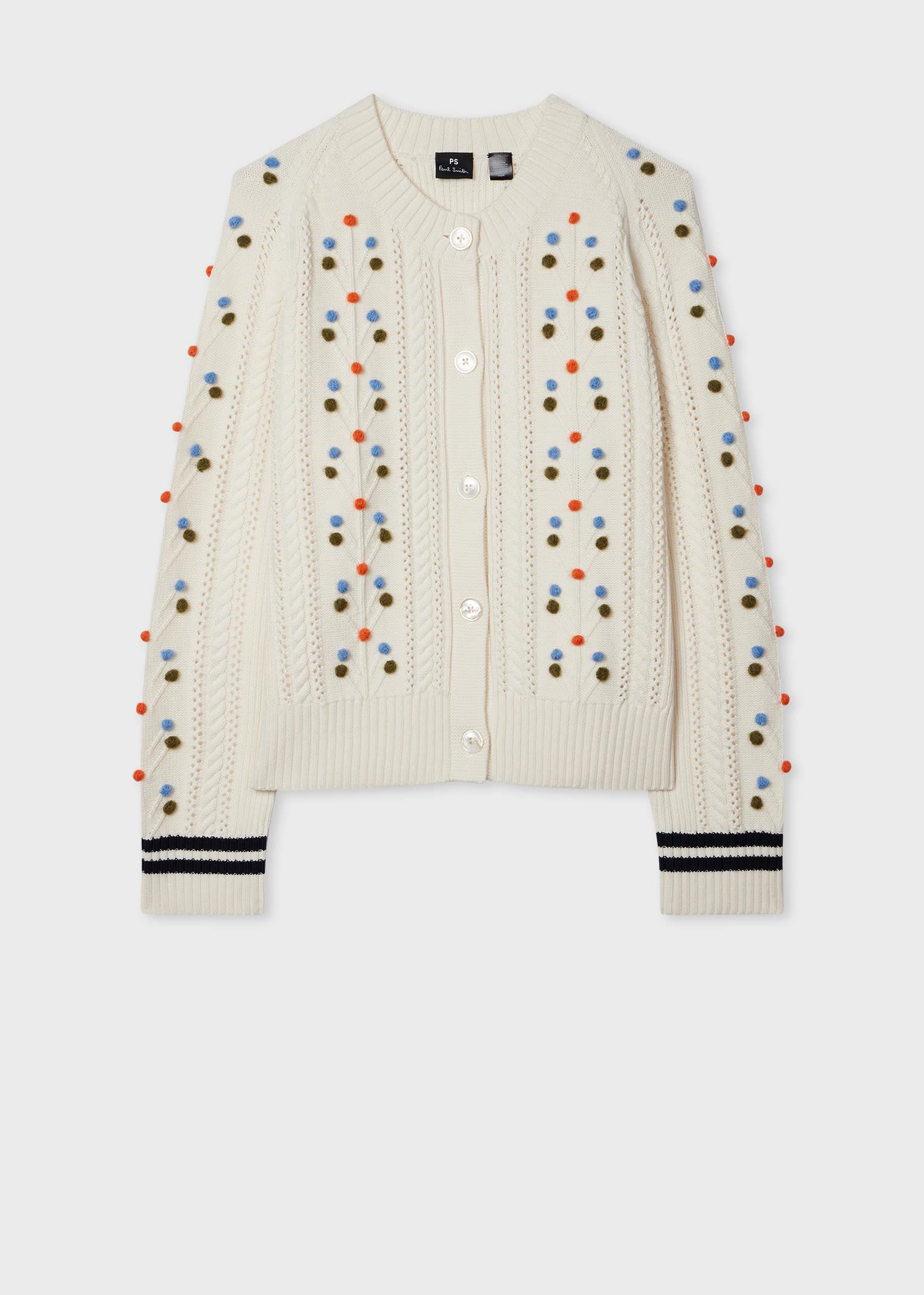 ps paul smith women's ecru cable knit pom pom cardigan white
