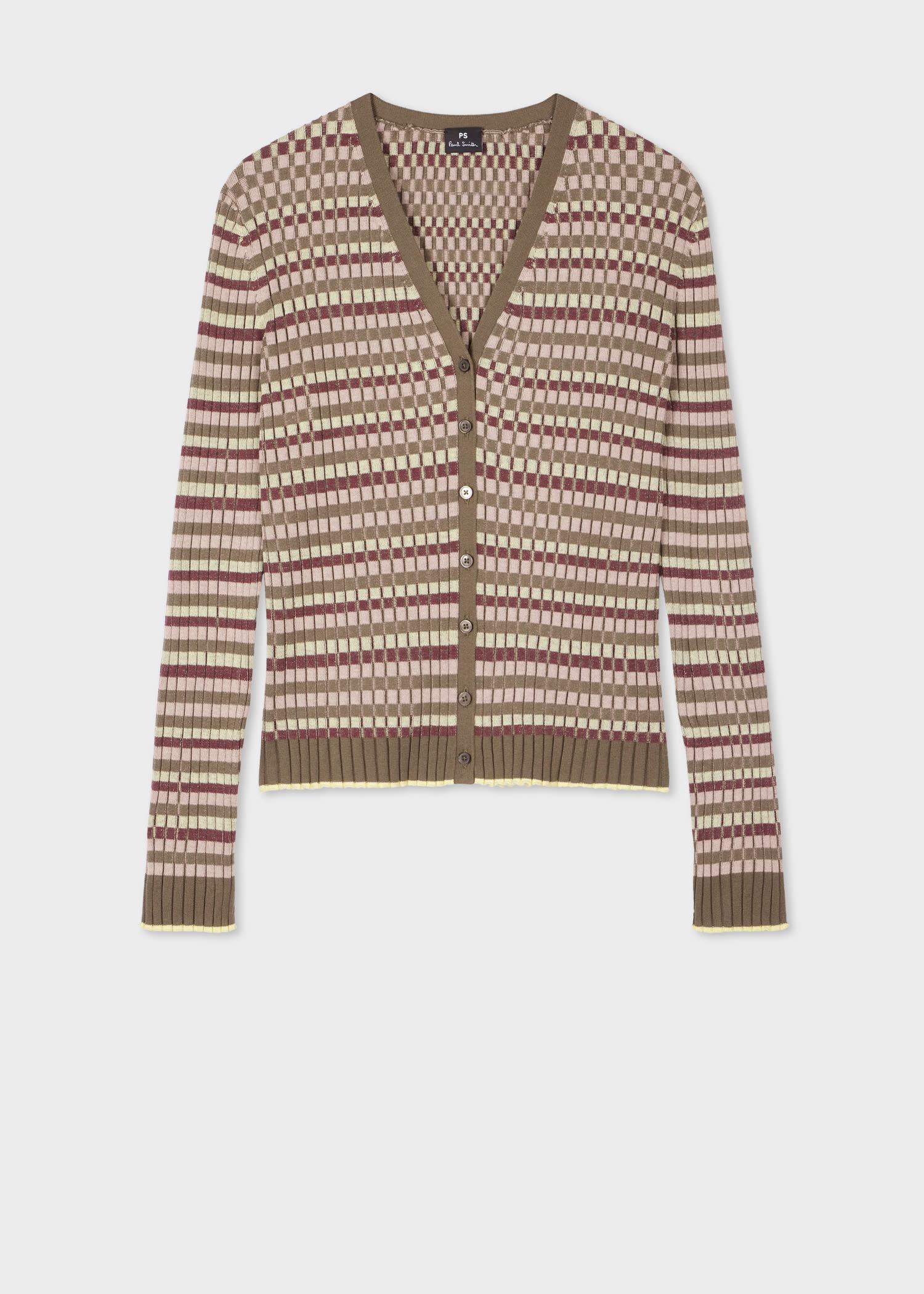 ps paul smith women's green and purple stripe ribbed v-neck cardigan