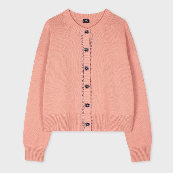 ps paul smith women's light pink contrast-stitch placket knitted merino-blend cardigan