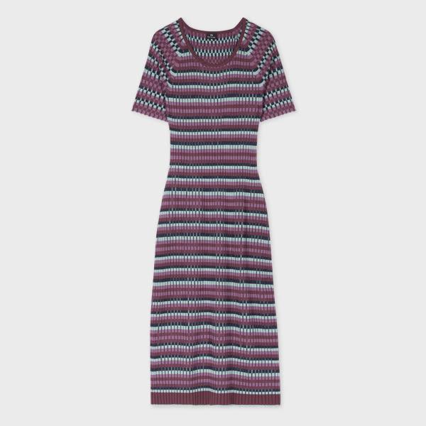 ps paul smith women's navy and purple stripe pleated rib knit dress blue