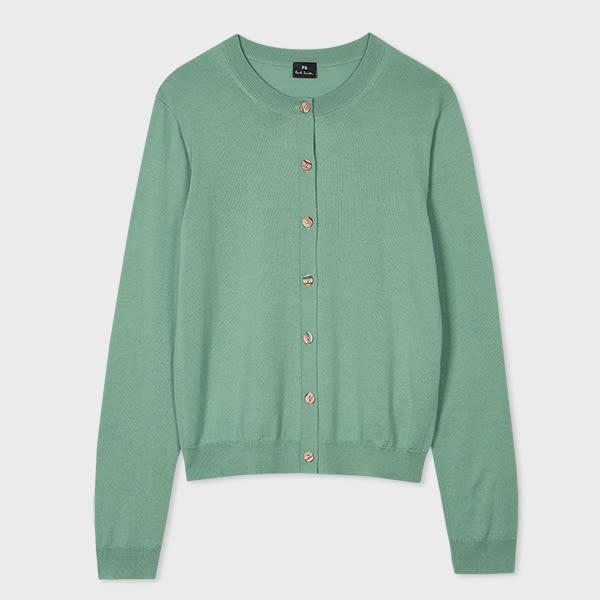 ps paul smith women's peacock green knitted cardigan with 'swirl' buttons blue