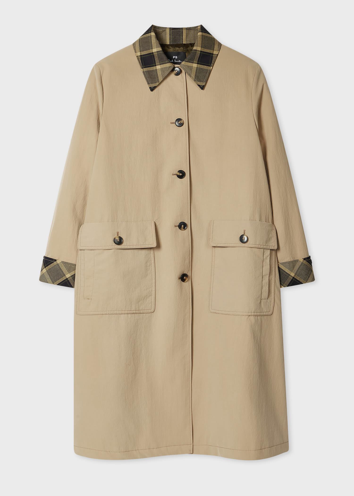 ps paul smith women's stone nylon mac with contrast check trim brown