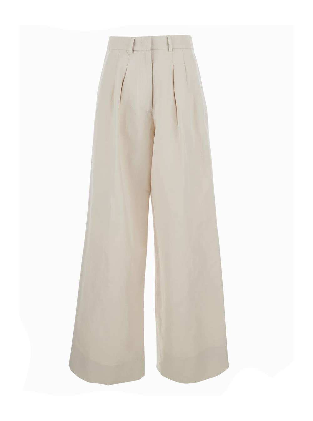 pt torino beige wide-leg pants with front pleats in cotton and linen blend for women