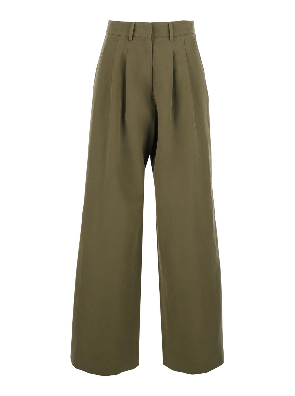 pt torino green wide-leg pants with front pleats in cotton and linen blend for women