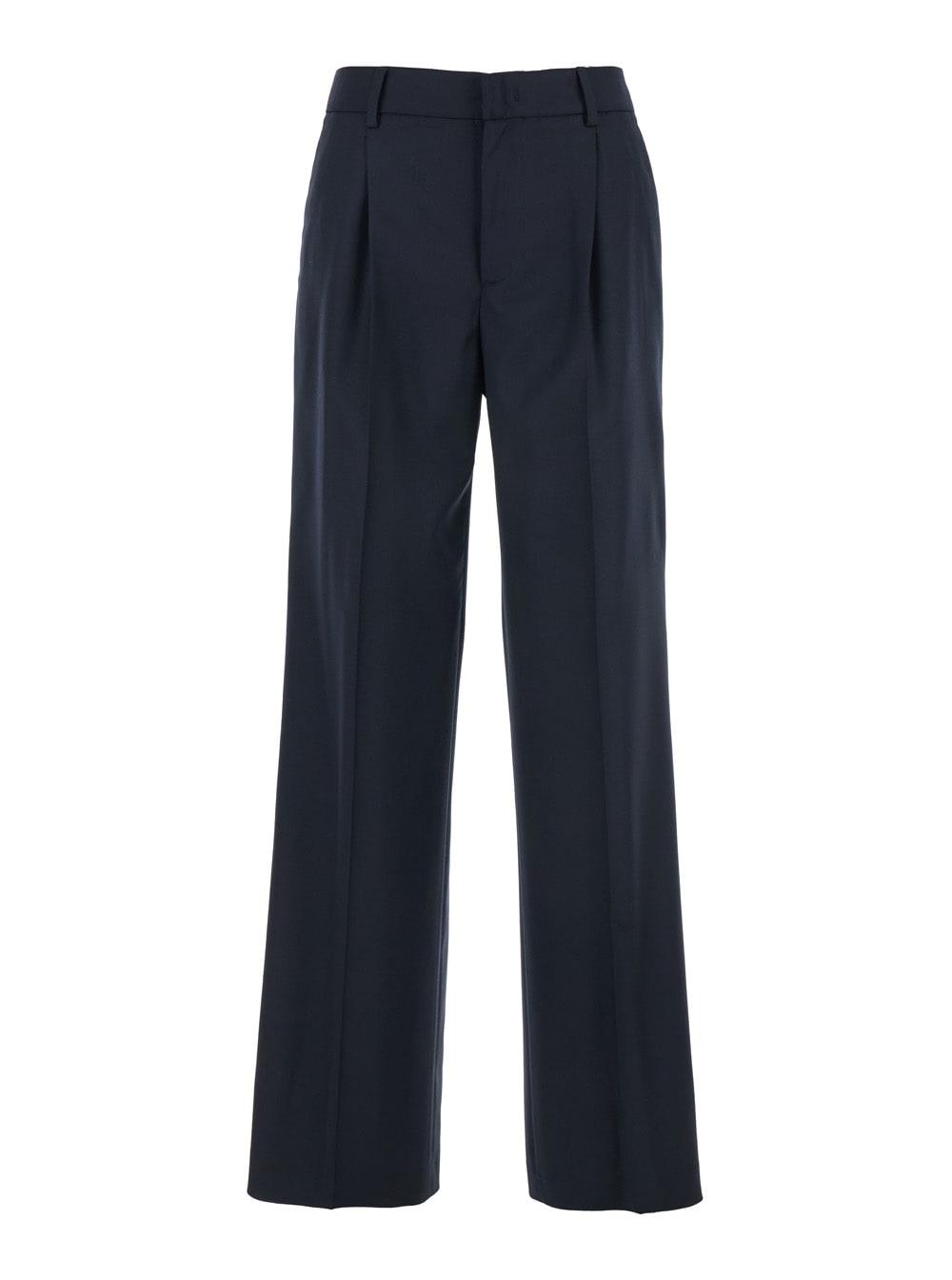 pt torino lola blue pants with high waist and pleated details in wool stretch woman