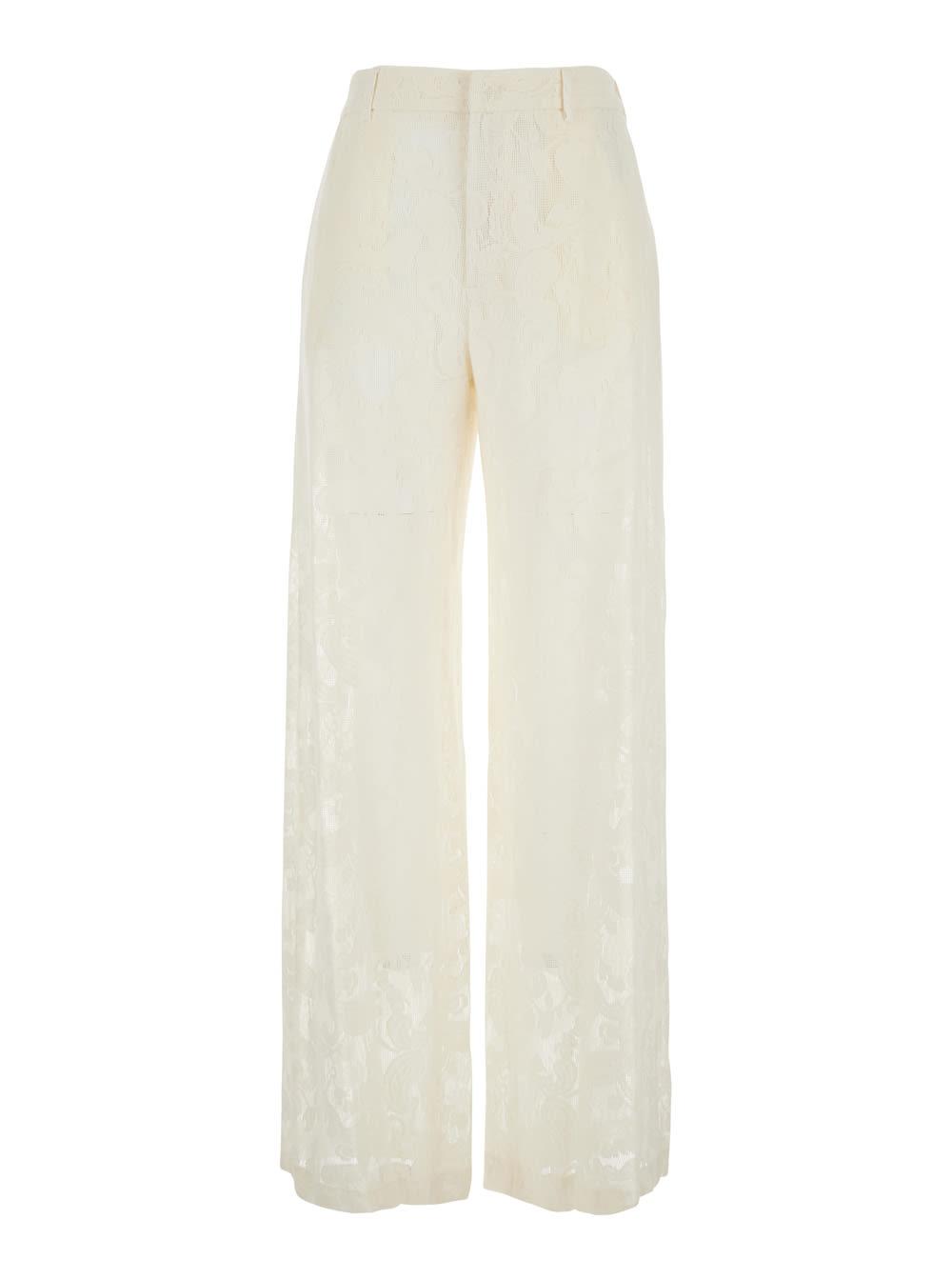 pt torino lorenza pants with belt loops and all-over lace embroidery in white cotton blend for women