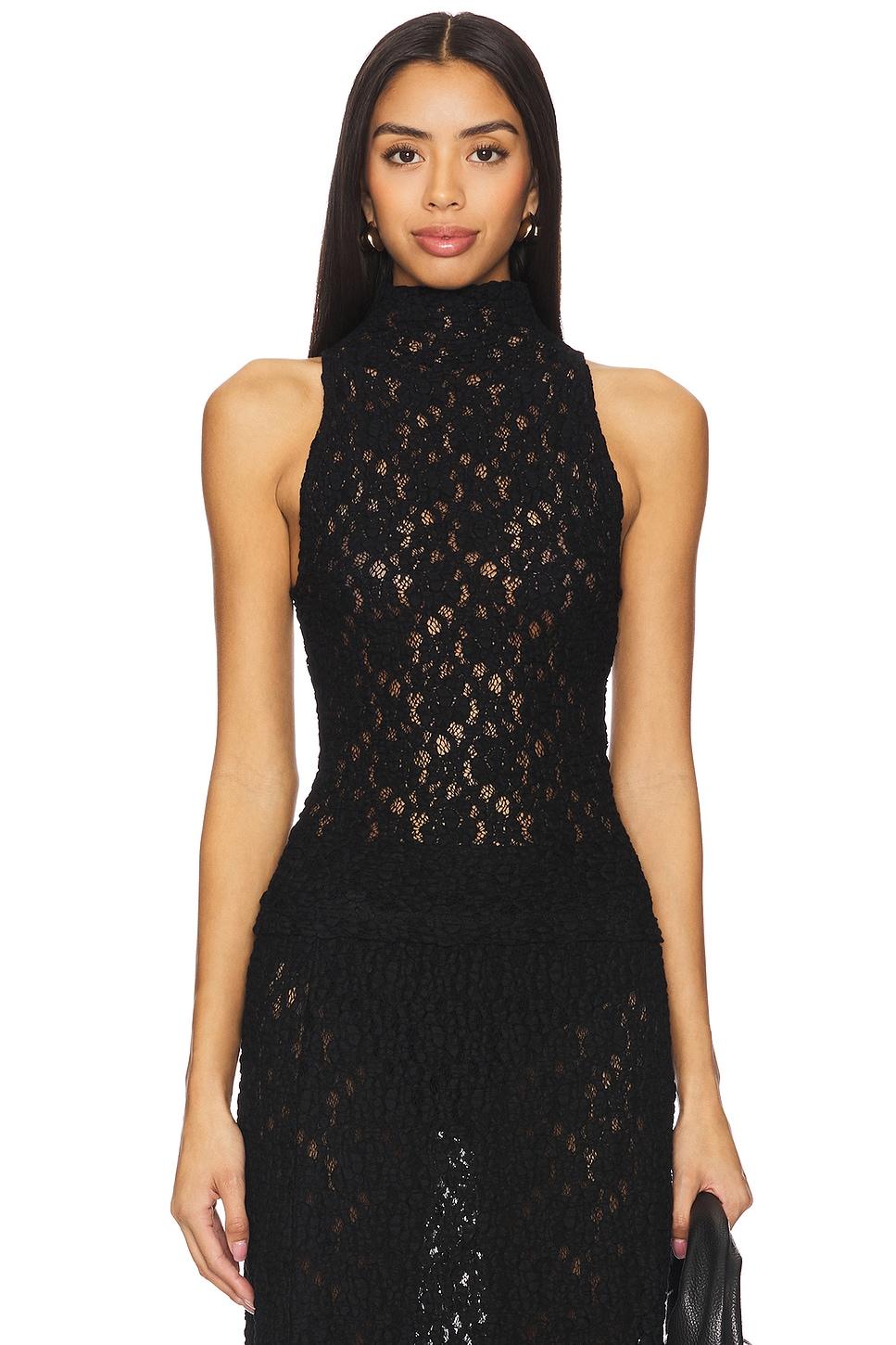 puckered lace sleeveless mockneck