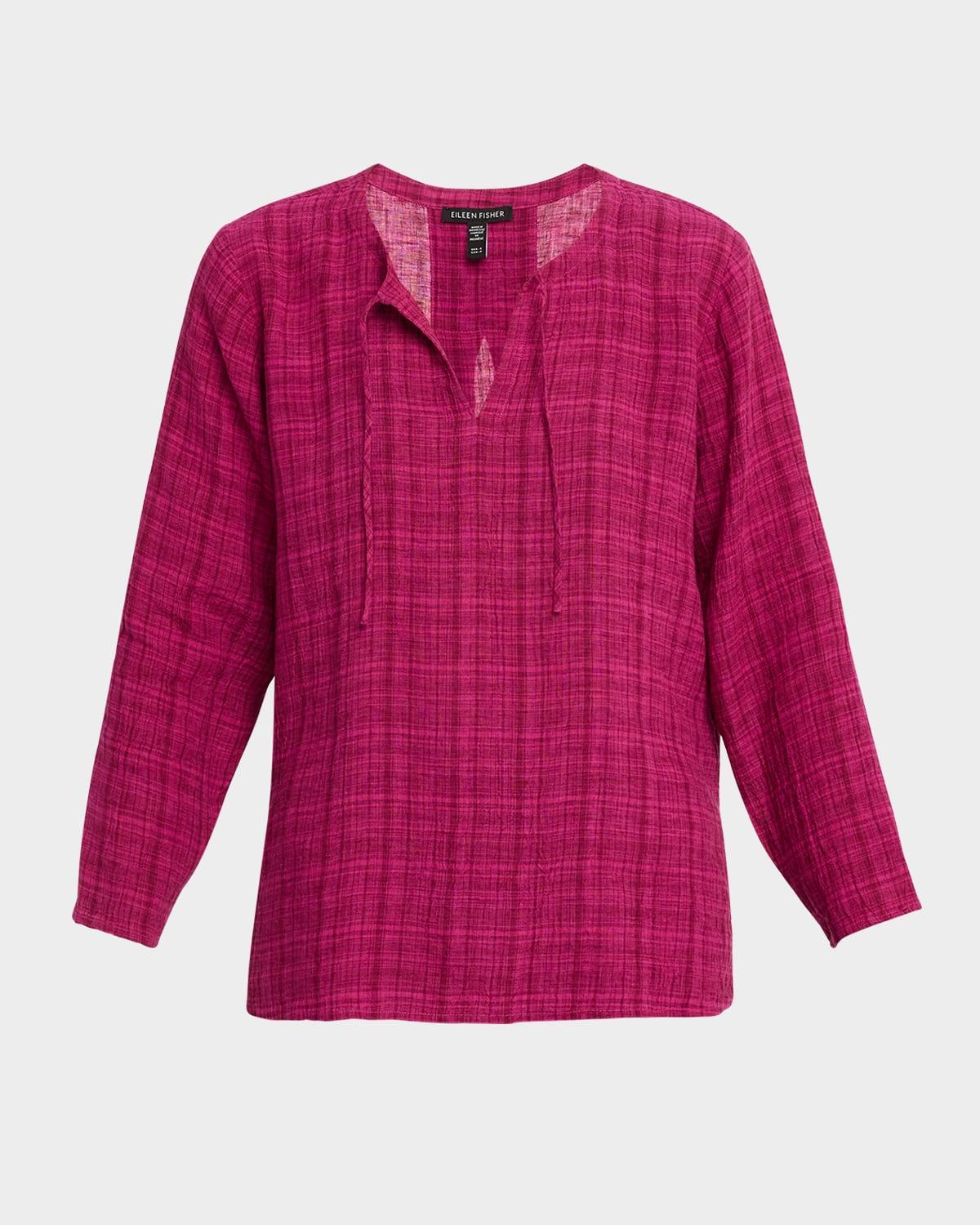 puckered plaid organic linen top