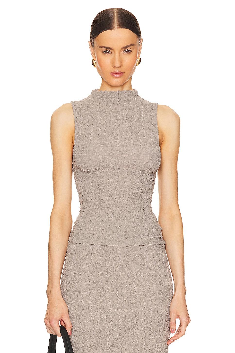 puckered sleeveless high neck