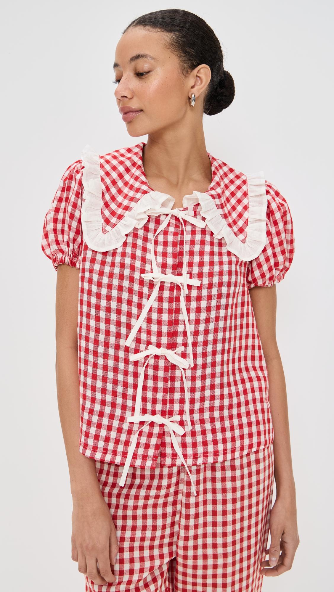 puff linen lounge shirt in red vichy