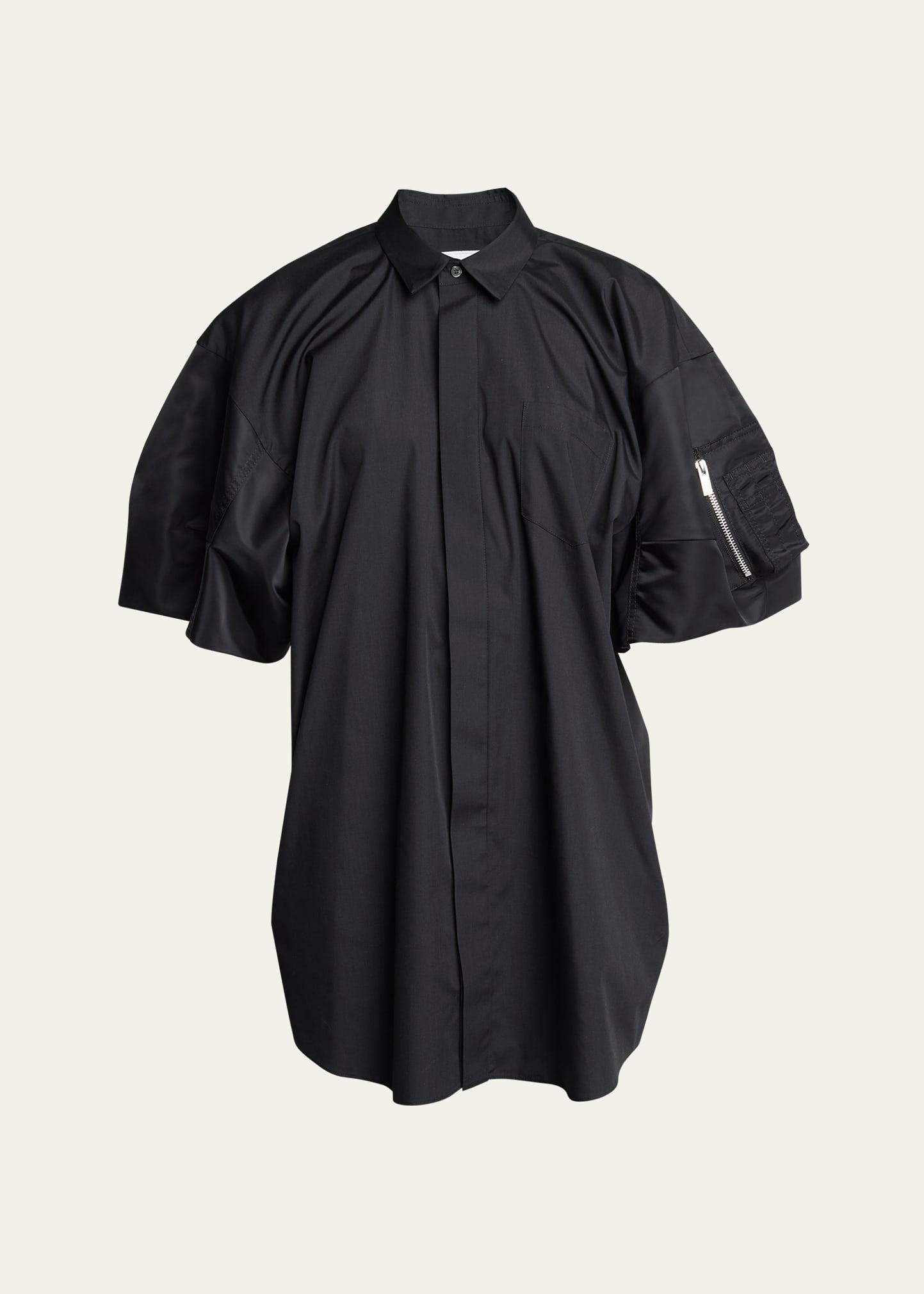 puff nylon sleeve wool shirting mini dress