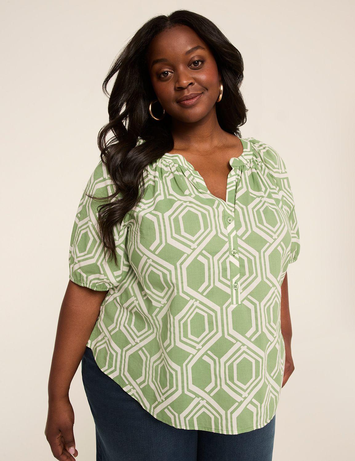 puff short-sleeve split-neck top