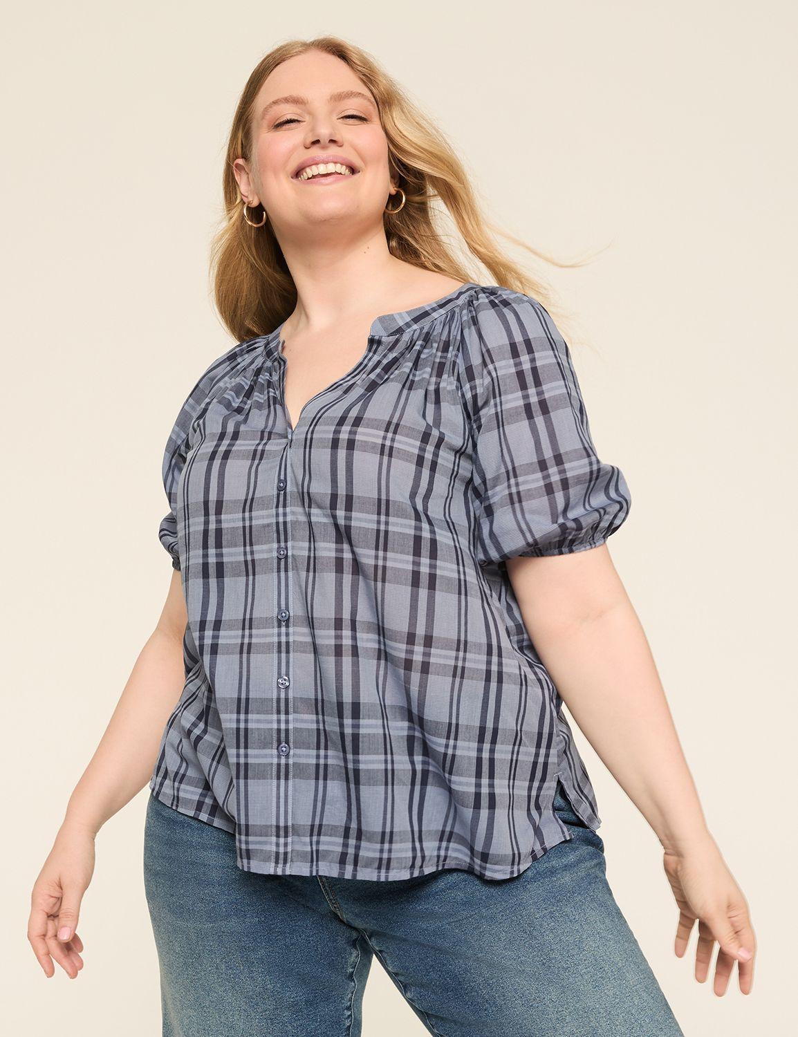 puff-sleeve button-down blouse