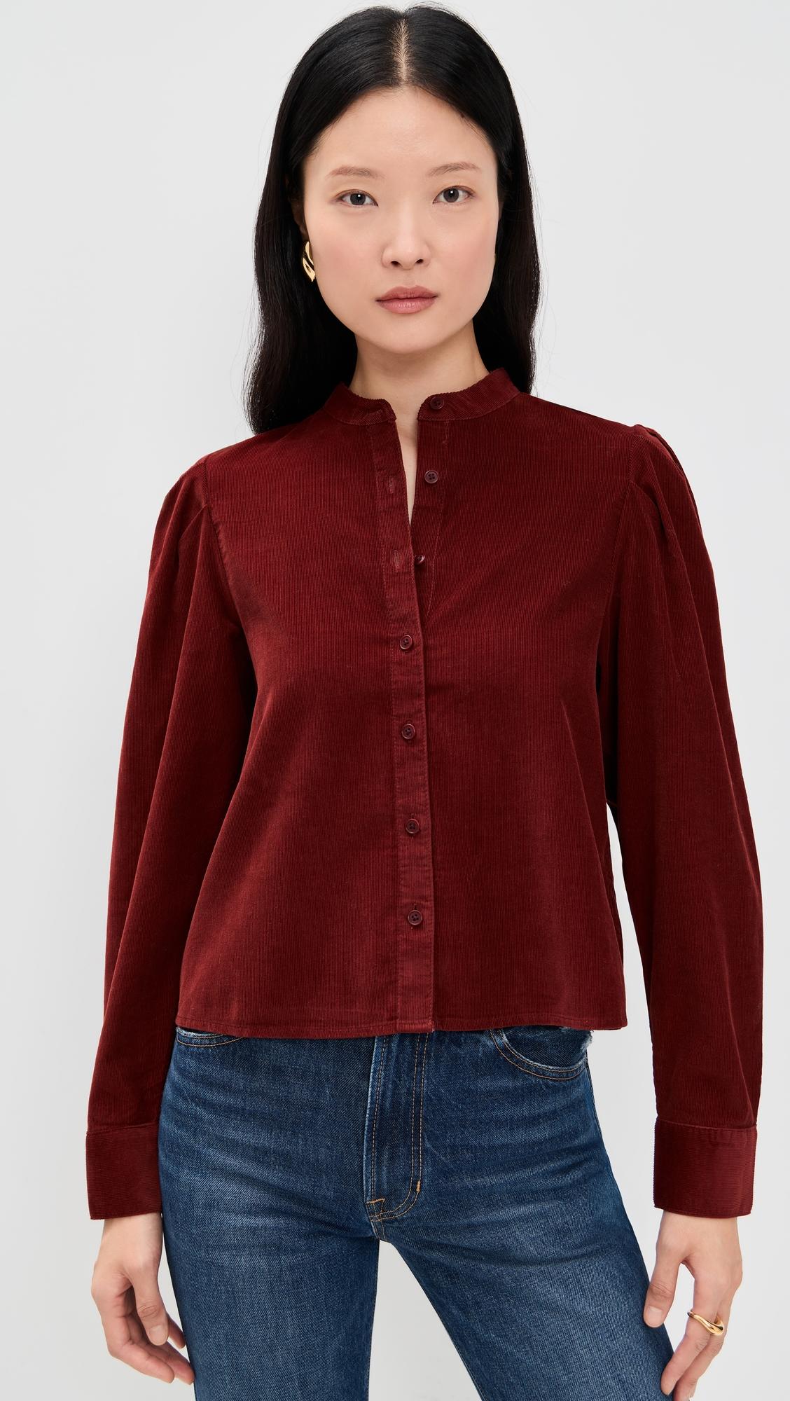 puff-sleeve button-up shirt in corduroy