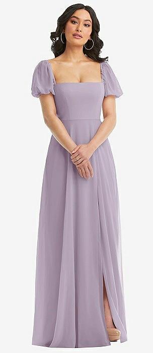 puff sleeve chiffon maxi dress with front slit