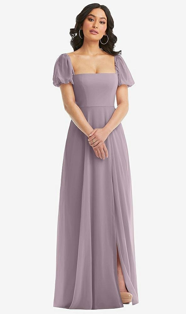puff sleeve chiffon maxi dress with front slit