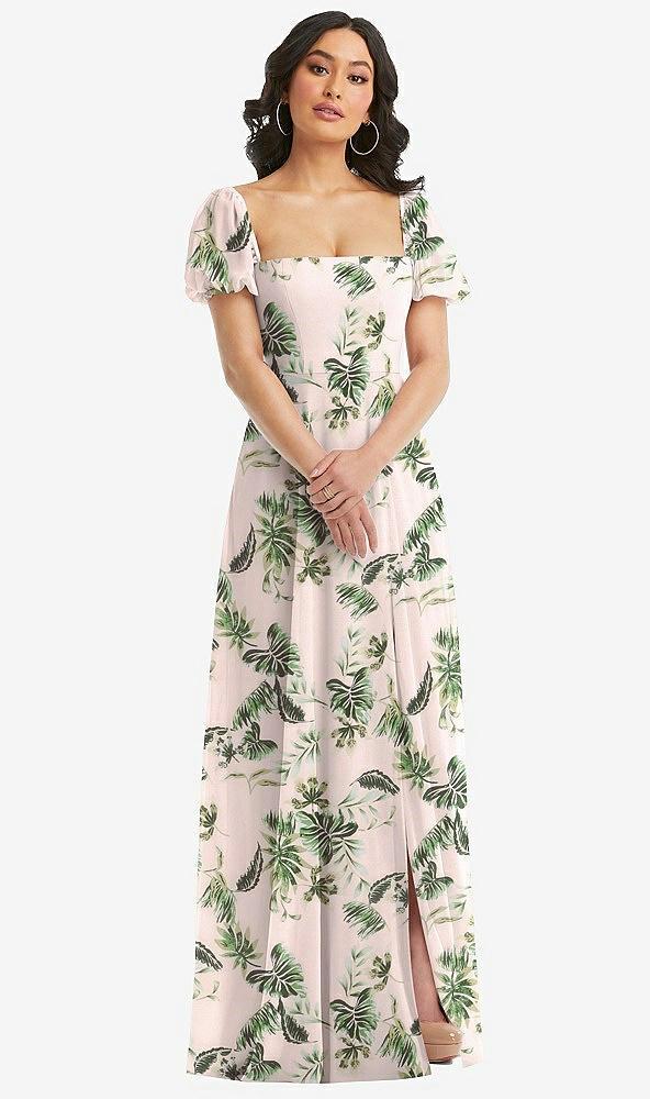 puff sleeve chiffon maxi dress with front slit